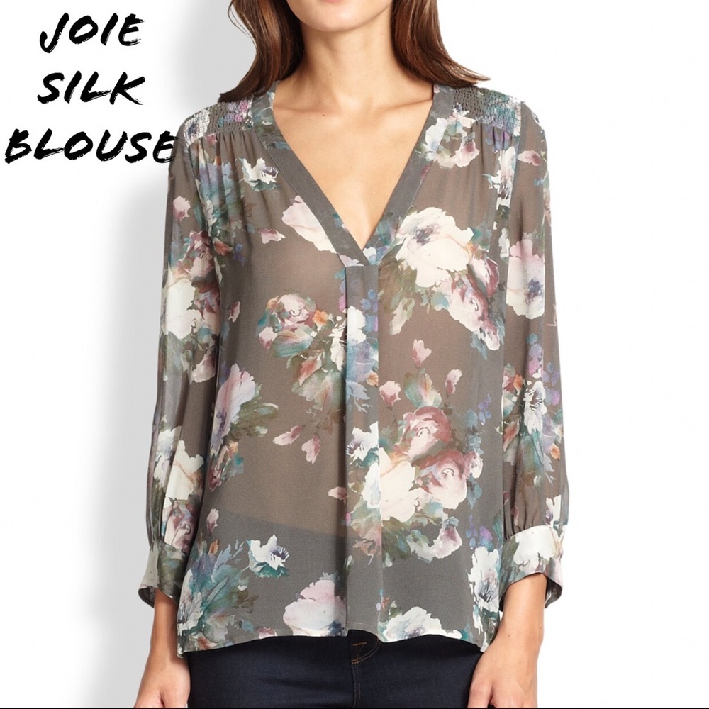 Joie Gray Aceline Sheer Silk Floral-Print Blouse